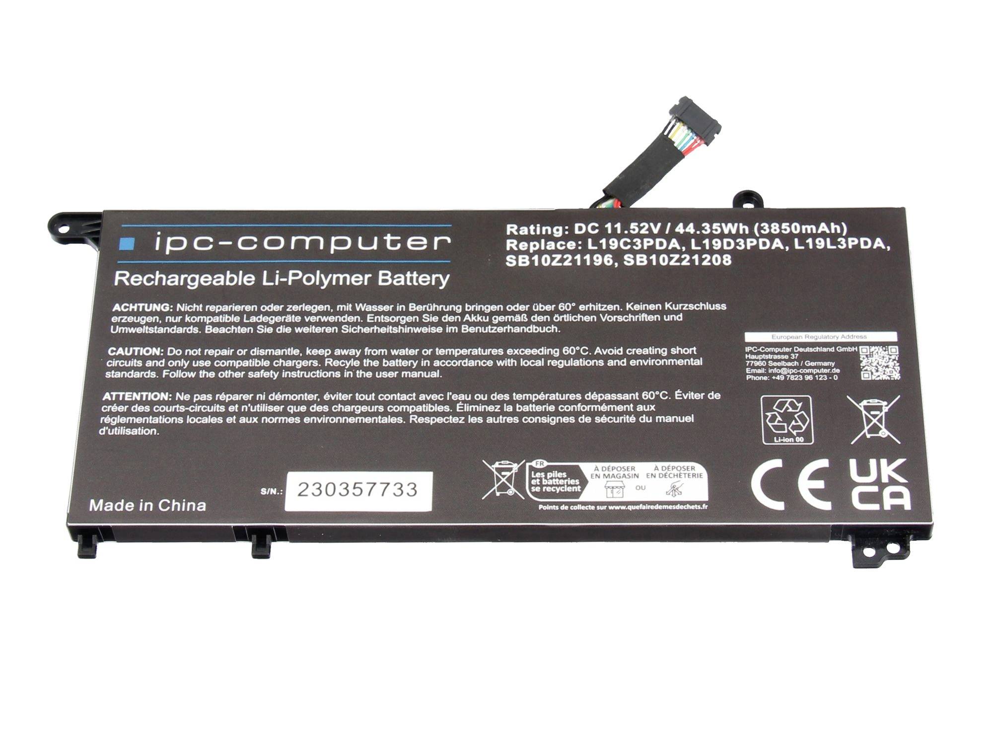 Wiederaufladbare Li-Polymer-Batterie für Laptop mit Bezeichnung ipc-computer, Nennleistung 11,52V 44,35Wh und Verbindungskabel.
