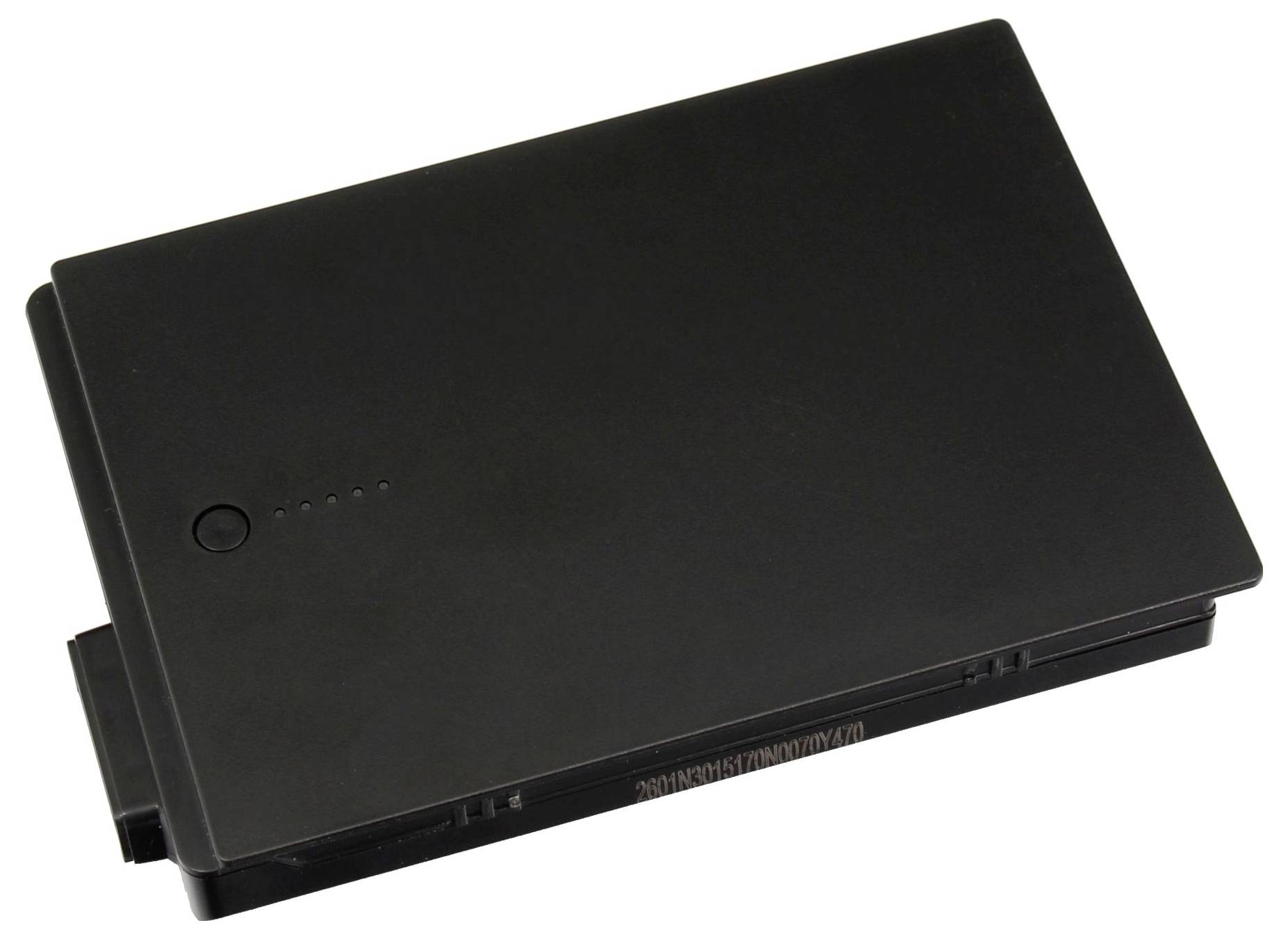 Schwarzes rechteckiges Laptop-Akku-Pack mit einer Stromanzeige-Taste und einem Seitenstecker, isoliert auf weißem Hintergrund dargestellt.