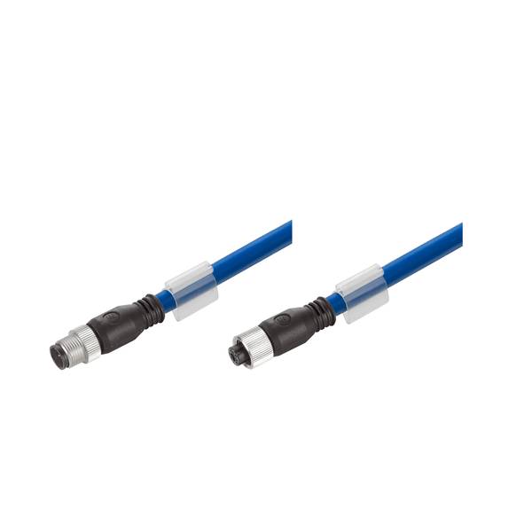 Zwei blaue Kabel mit schwarzsilbernen runden Steckverbindern, nebeneinander auf weißem Hintergrund dargestellt.