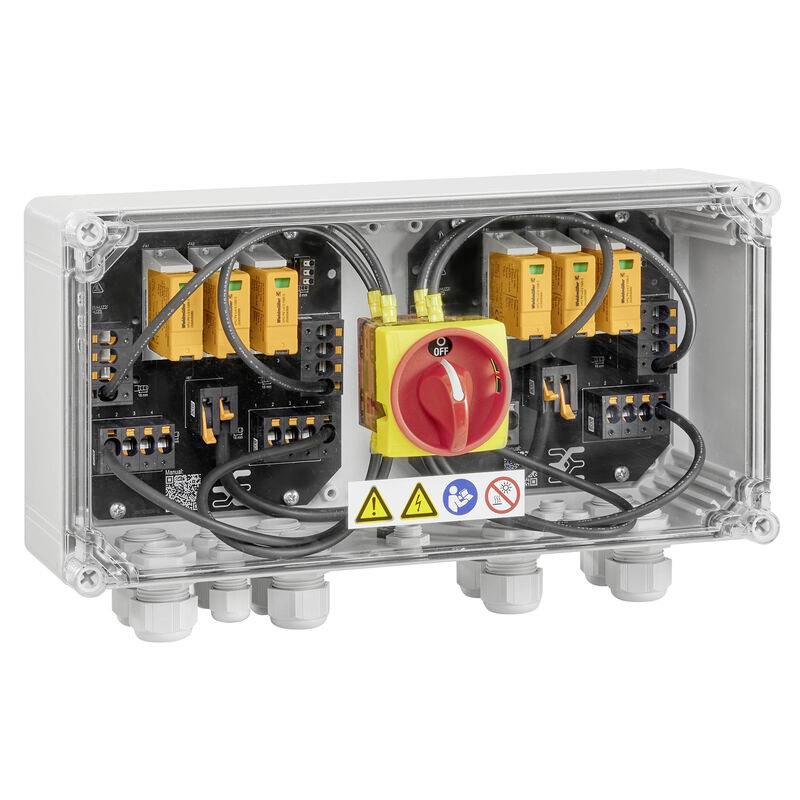 Transparente elektrische Schalttafel mit rotem Drehtrennschalter, Verdrahtung und Klemmleisten in einem transparenten Gehäuse