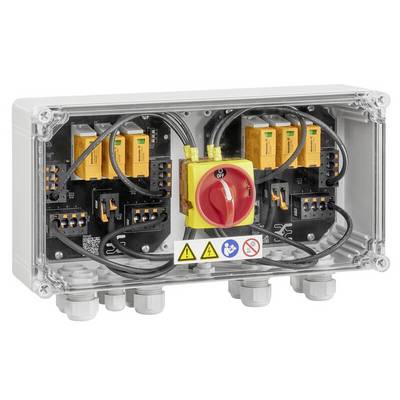 Transparente elektrische Schalttafel mit rotem Drehtrennschalter, Verdrahtung und Klemmleisten in einem transparenten Gehäuse