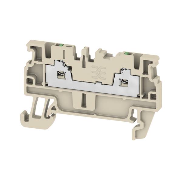 Querschnitt eines beigen Elektro-Klemmblocks mit internem Metallkontakt und Befestigungsclips auf weißem Hintergrund.