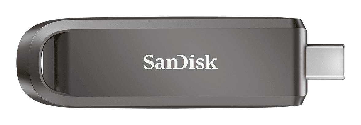 SanDisk-USB-Stick mit einziehbarem USB-C-Anschluss, gezeigt in ausgefahrenem Zustand.