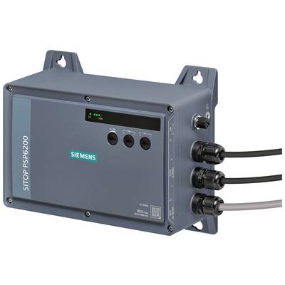 Siemens SITOP PSU6200 Stromversorgungseinheit für industrielle Anwendungen mit Status-LEDs und drei angeschlossenen Kabeln auf der rechten Seite.