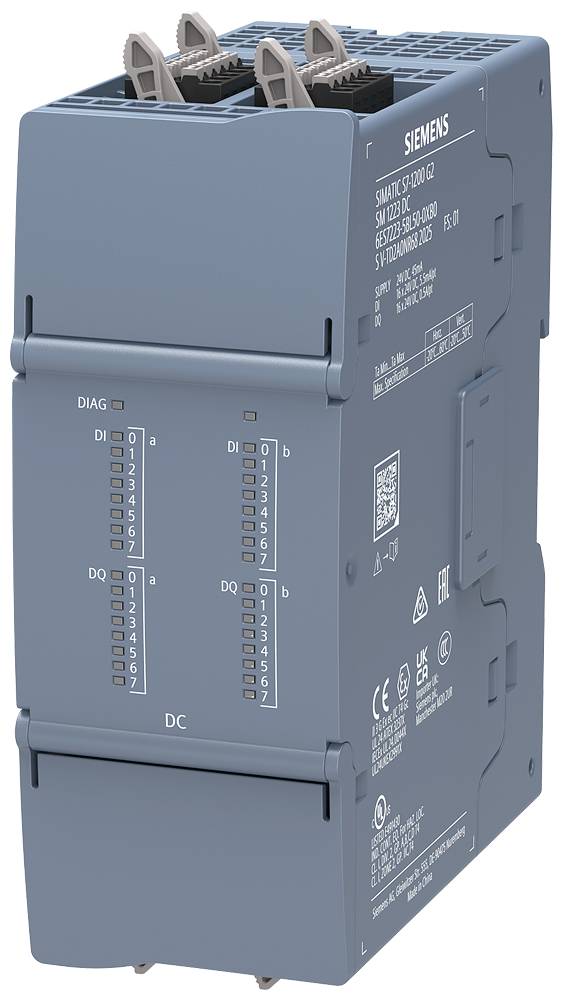 Siemens Industrie-SPS-Modul in einem blauen Gehäuse, frontal und von der Seite dargestellt, mit mehreren Anschlussports und Statusanzeige-Beschriftungen für DIAG, DI und DQ.