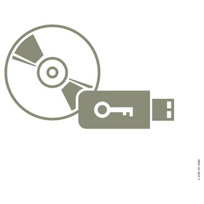 Symbol einer CD/DVD mit einem USB-Stick, der ein Schlüsselsymbol enthält, was auf sichere Speicherung oder verschlüsselte Sicherungsdaten hinweist.