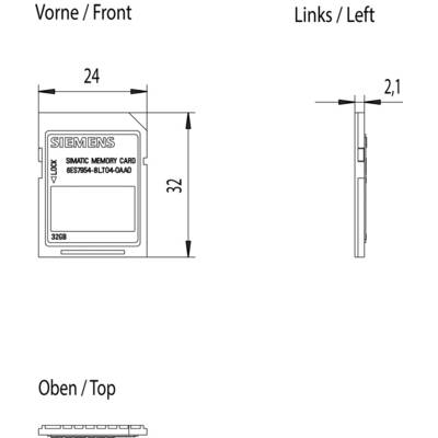 Technische Zeichnung mit Maßen einer Siemens SIMATIC Speicherkarte mit Vorder-, Links- und Draufsicht; Größe 24 mm x 32 mm, 2,1 mm dick.