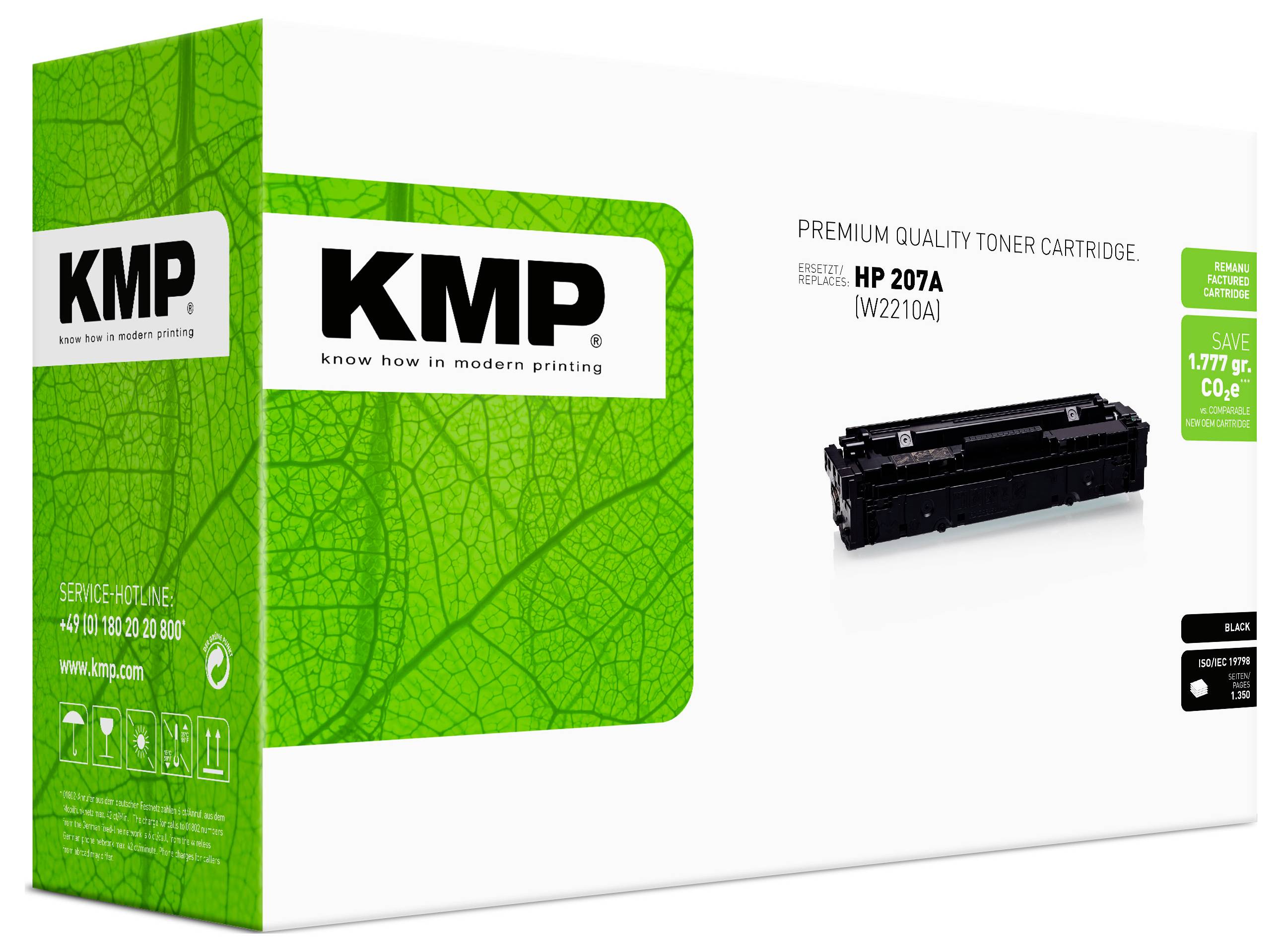 KMP Premium-Qualität Tonerpatrone Verpackung für HP 207A (W2210A), Schwarz, mit Tonerpatronenbild und Öko-Sparmaßnahmen-Callout.