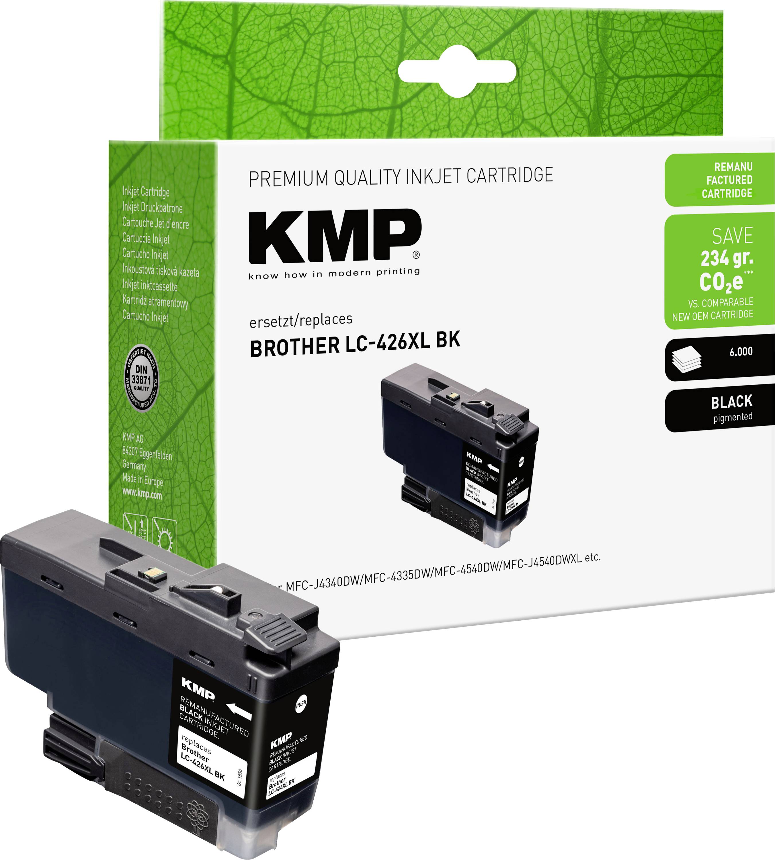 KMP Premium Tintenpatrone Karton und schwarze Patrone für Brother LC-426XL BK, gezeigt mit Angabe einer Reichweite von 6.000 Seiten.