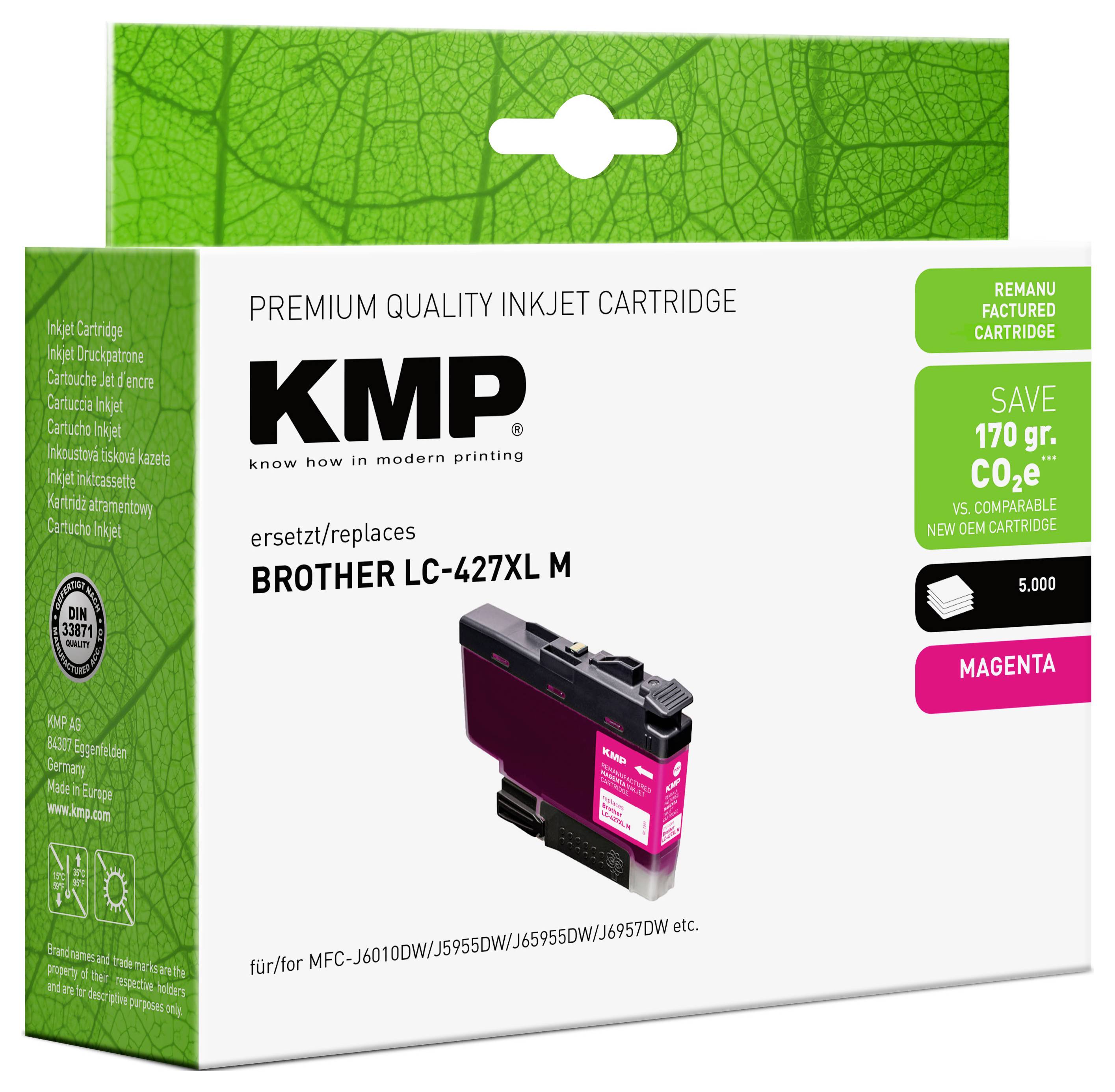Schachttel KMP Premium-Qualität Tintenstrahlpatrone, Magenta, für Brother LC-427XL M Drucker, mit Spar- und Kompatibilitätsdetails.