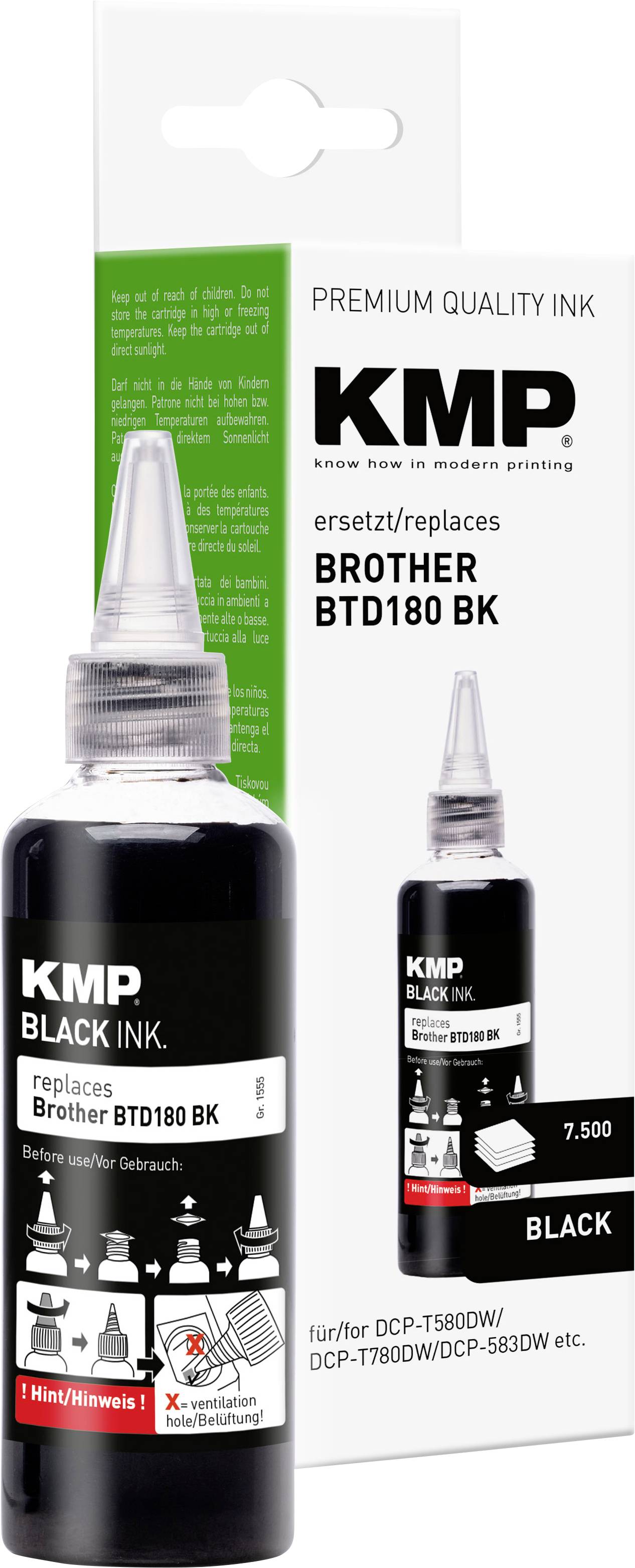 KMP Schwarztintenflasche und Schachtverpackung mit der Bezeichnung "ersetzt Brother BTD180 BK" für Druckertinte-Nachfüllungen.