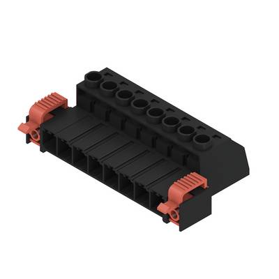 Schwarzer rechteckiger elektronischer Stecker mit acht runden oberen Buchsen und roten seitlichen Verriegelungsclips auf weißem Hintergrund.