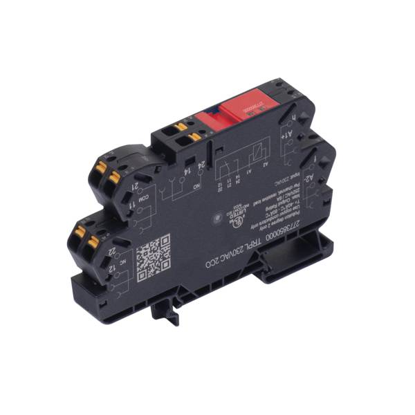 Schwarzes Elektrorelaismodul mit orangefarbenen und roten Anschlussklemmen, Verdrahtungsschema und QR-Code auf dem Gehäuse gekennzeichnet.