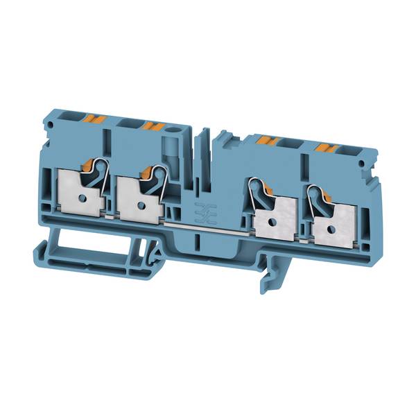 Blauer Elektroterminal-Block-Stecker mit vier Metallklemmterminals auf weißem Hintergrund.