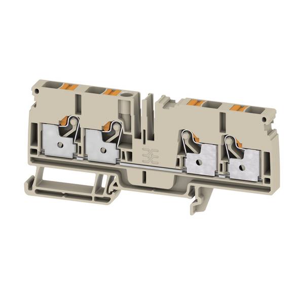 Schnittansicht eines beigen Elektroklemmenblocks mit vier Federklemm-Drahtverbindungen und orangefarbenen Freigabelaschen.