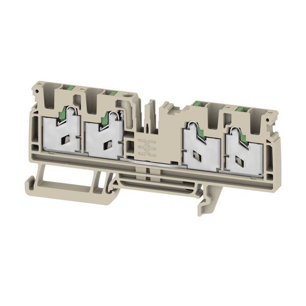Beige-farbiger elektrischer Klemmleistenverbinder mit vier Metallfedern-Klemmkontakten, dargestellt in Nahaufnahme auf weißem Hintergrund.