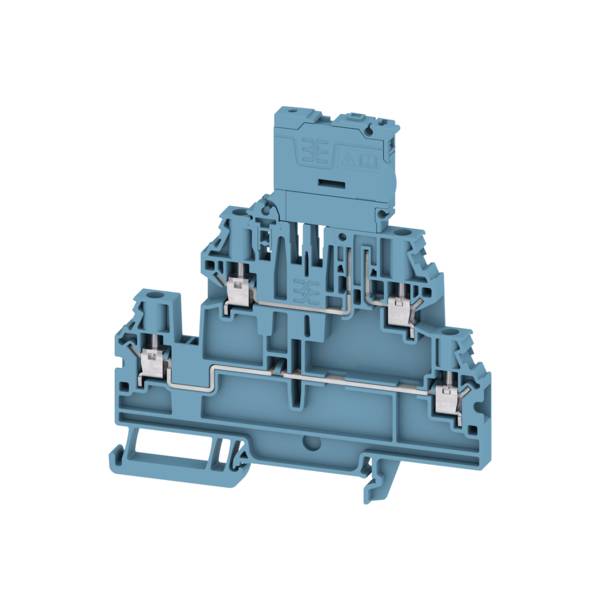 Querschnitt eines beigen Elektroklemmenblocks mit mehreren verdrahteten Verbindungskammern und Federclips.