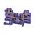 3D-Schnittdarstellung eines violetten Elektroklemmenblocks mit sichtbaren internen Metallkontakten und orangefarbenen Drahtklemmen.