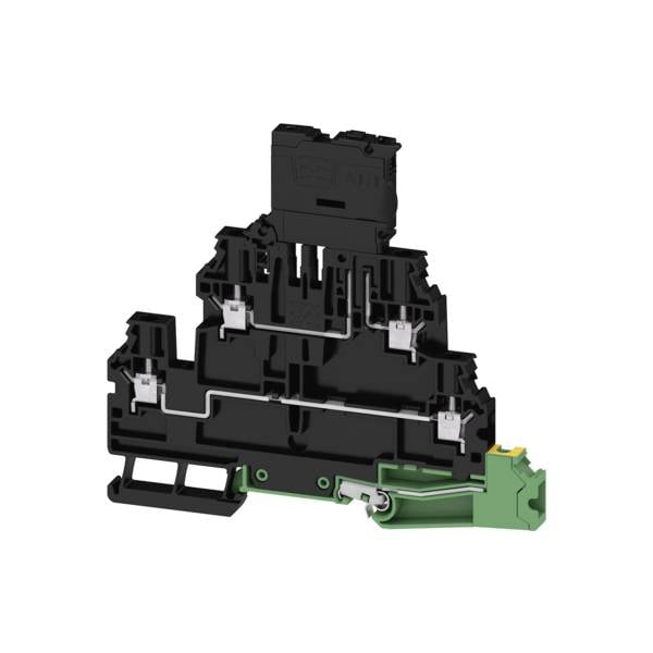 3D-Schnittdarstellung eines schwarzen und grünen Elektroklemmenblocks mit Stecker, der interne Drahtführungswege und Kontaktpunkte auf weißem Hintergrund zeigt.