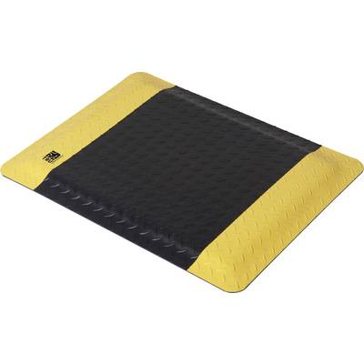 Schwarze und gelbe Gummi-Bodenschwelle mit strukturierter Oberfläche zum Verlangsamen des Fahrzeugverkehrs.