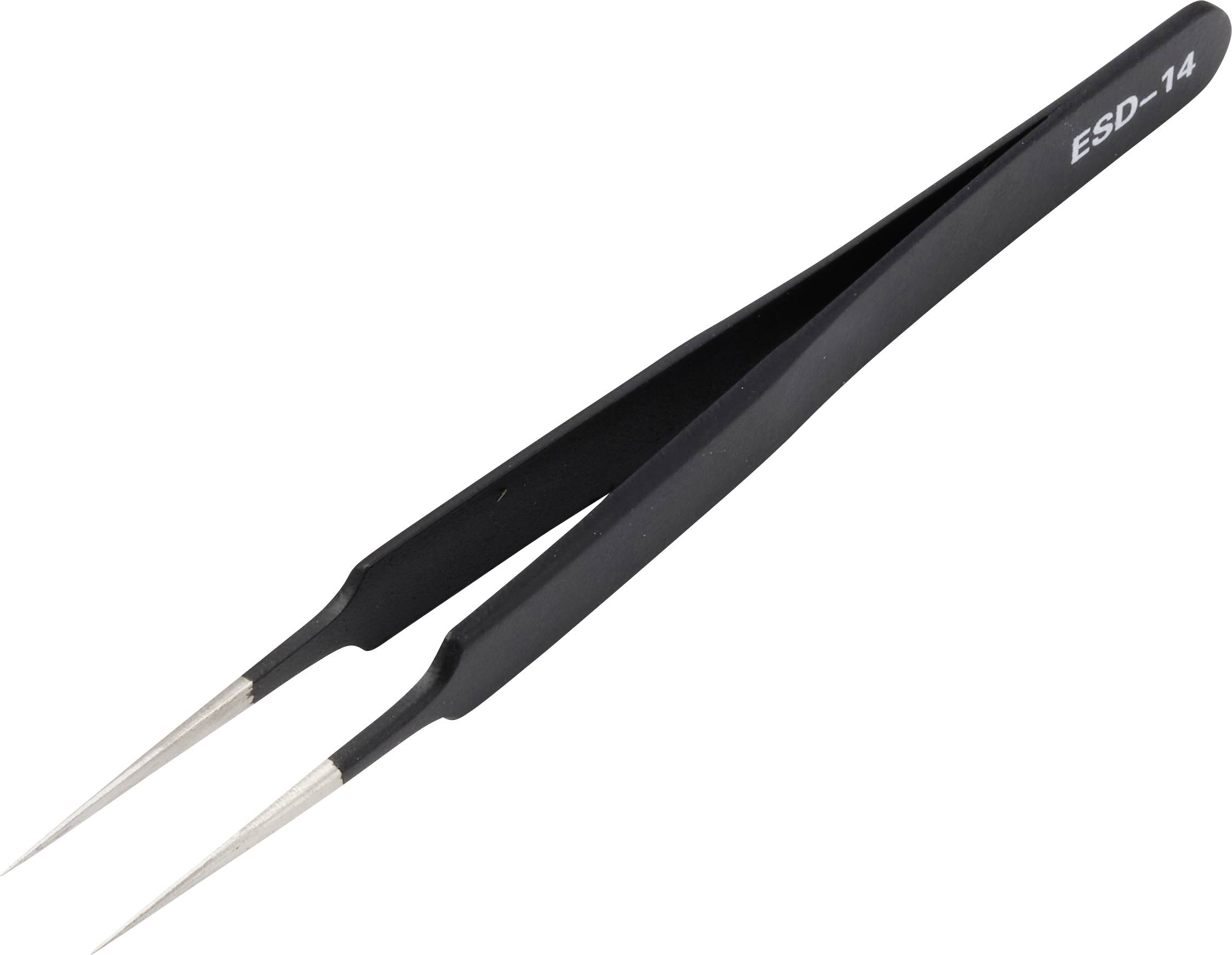 Schwarze Präzisionspinzetten mit spitzen Metallspitzen, beschriftet mit „ESD-14", auf weißem Hintergrund.