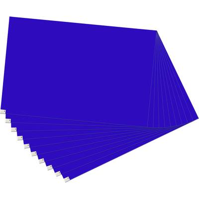 Stapel blauer rechteckiger Blätter, die diagonal auf weißem Hintergrund aufgefächert sind, mit kleinen weißen Registern an einer Kante.