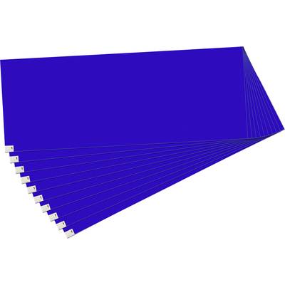 Stapel blauer rechteckiger Blätter oder Karten, die diagonal auf weißem Hintergrund aufgefächert sind, mit kleinen nummerierten Reitern entlang der linken Kante.