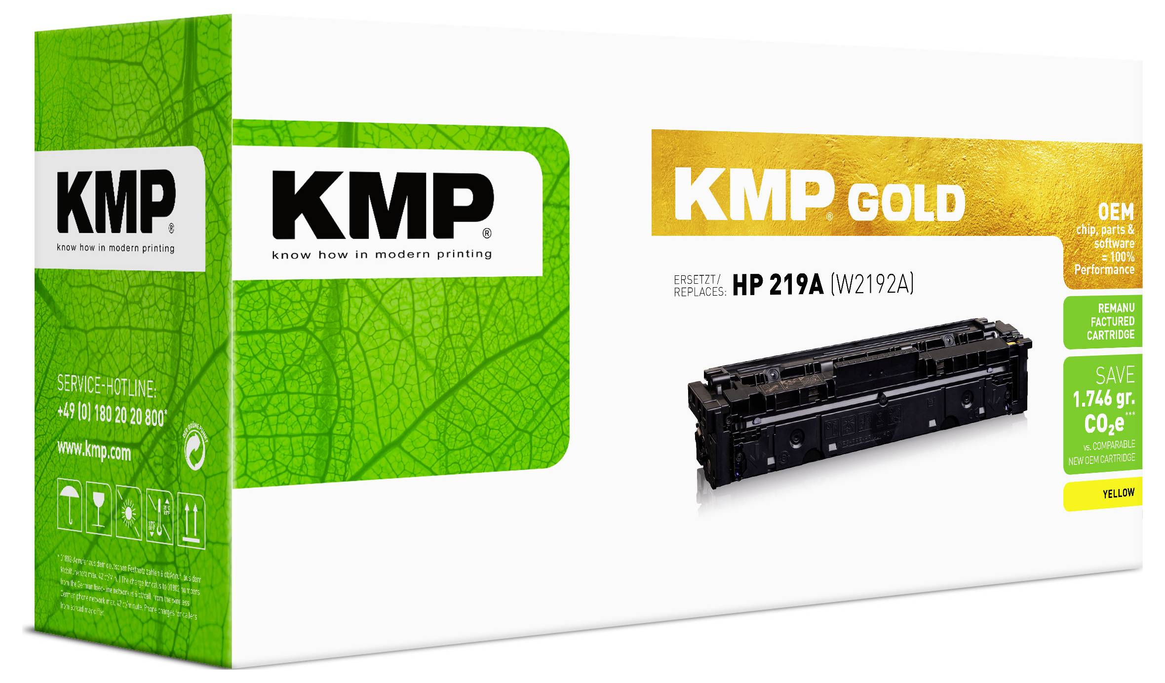 KMP Gold Druckertoner-Kartusche für HP 219A (W2192A), gezeigt mit Produktabbildung und grünem KMP-Branding.