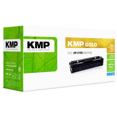 KMP Gold Druckertoner-Patrone für HP 219X (W2191X), zeigt die Patrone und das kompatible Druckermodell.