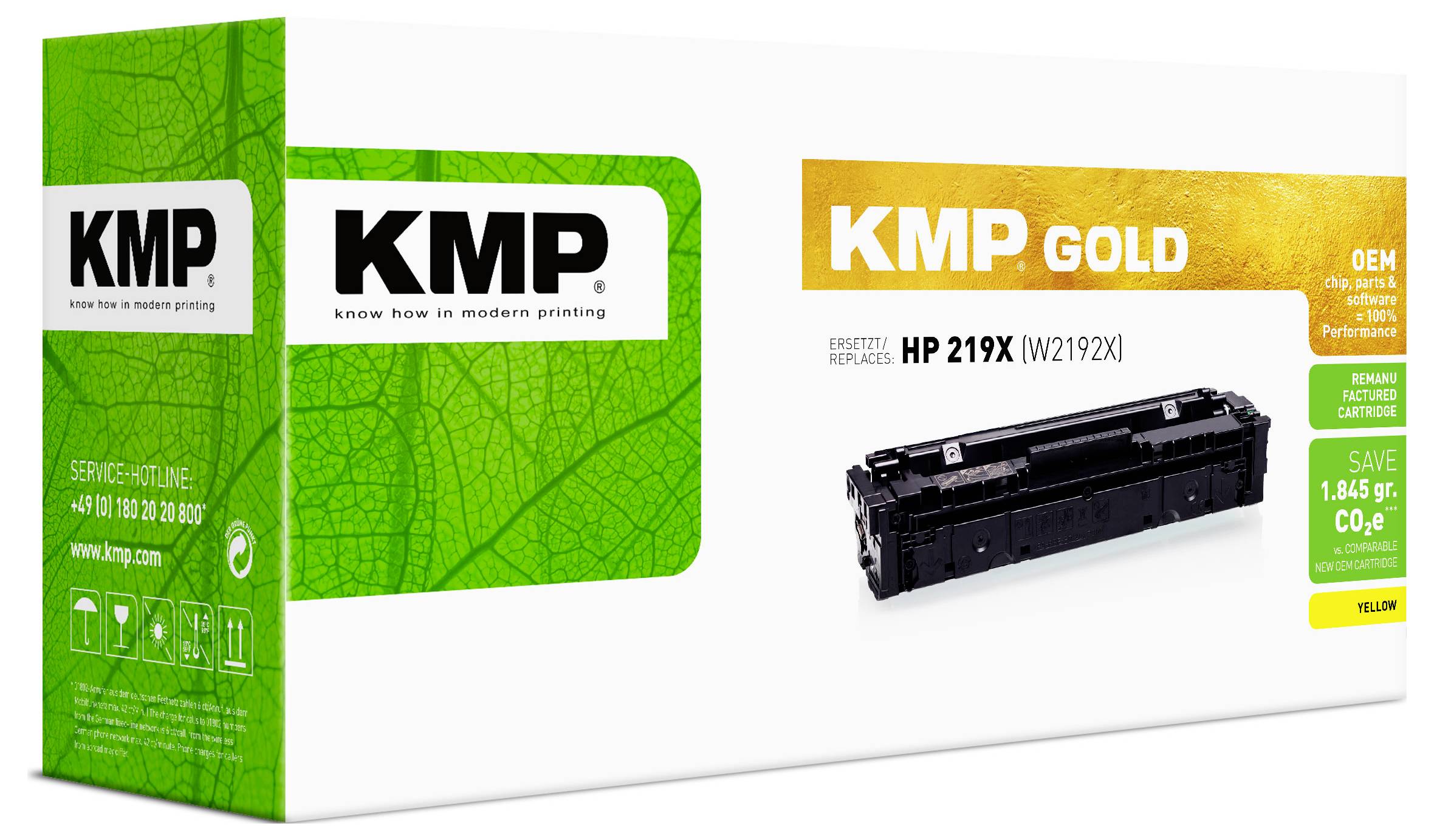 KMP Goldtinte-Patrone für HP 219X (W2192X), zeigt eine schwarze Tonerpatrone und OEM-kompatible Markengebung.