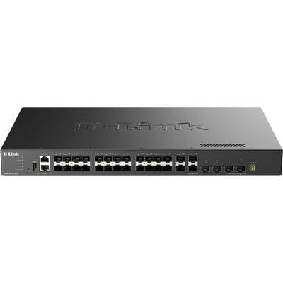 Vorderansicht eines D-Link Netzwerk-Switches mit 24 Ethernet-Anschlüssen und Statusleuchten auf einem schwarzen Rack-Mount-Gerät.