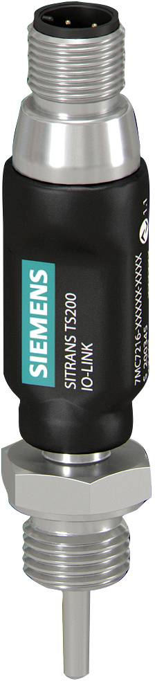 Siemens SITRANS TS200 Temperatursensor mit Metallgewindesonde und schwarzem zylindrischem Gehäuse, das mit Siemens beschriftet ist.