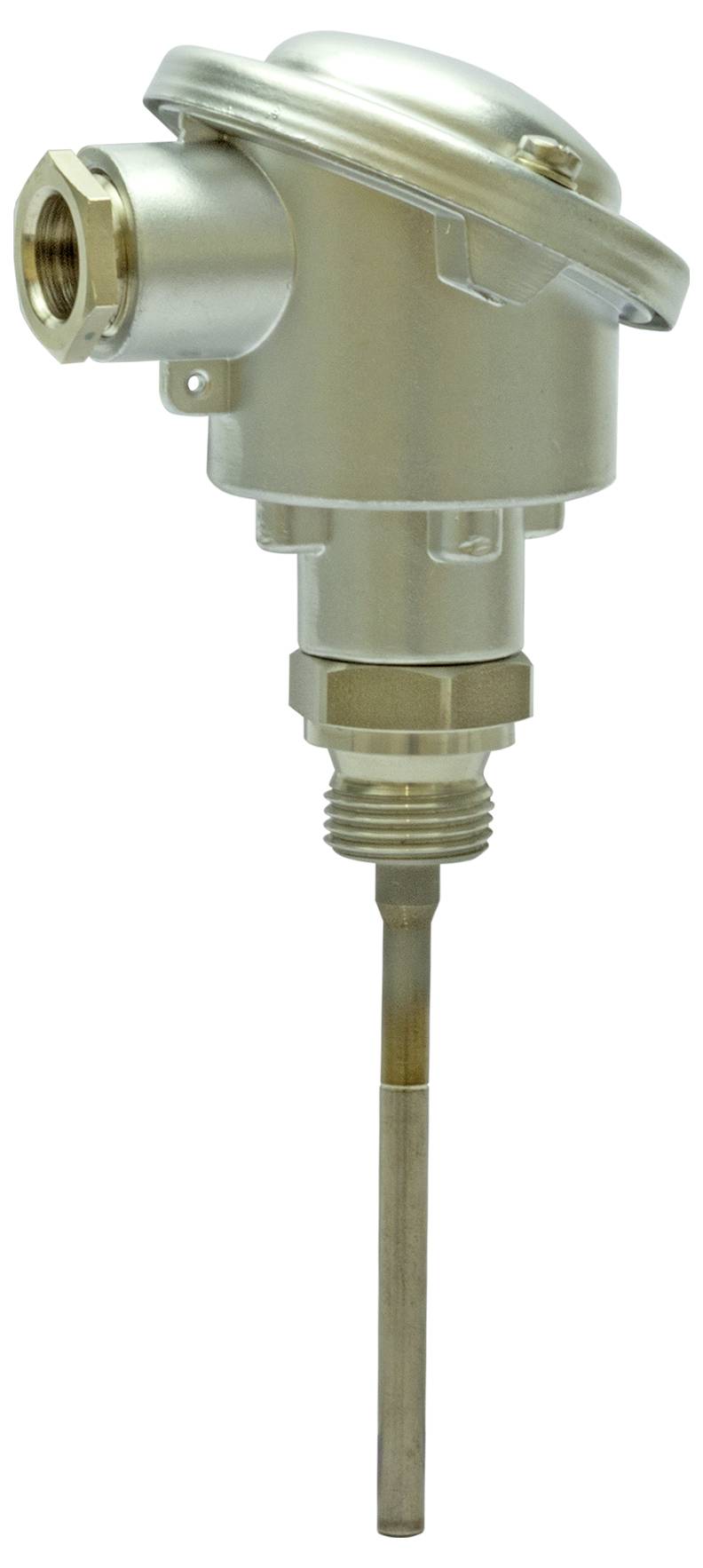 Aufgerolltes schwarzes Temperaturmesserkabel mit Metallsensorspitze und Befestigungsetikett auf weißem Hintergrund.