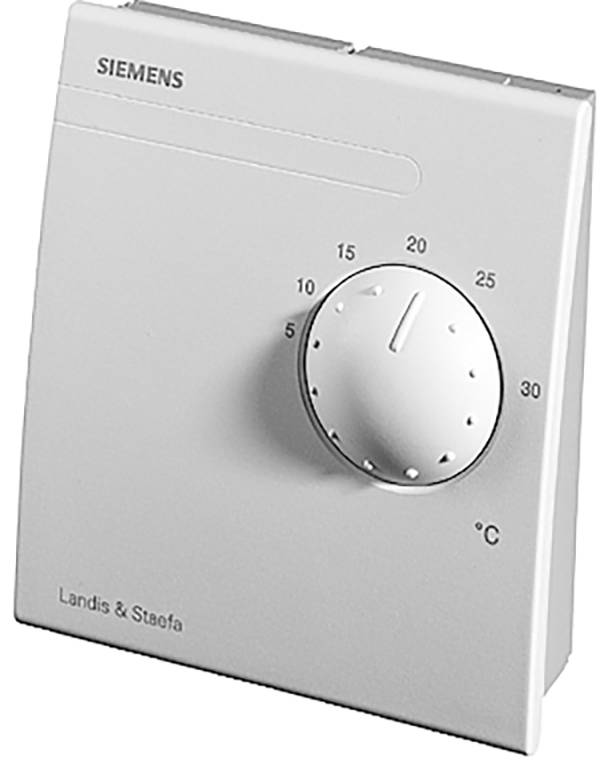 Silberfarbenes Siemens-Raumthermostat mit einer runden Temperaturskala, die von 5 bis 30 °C gekennzeichnet ist.