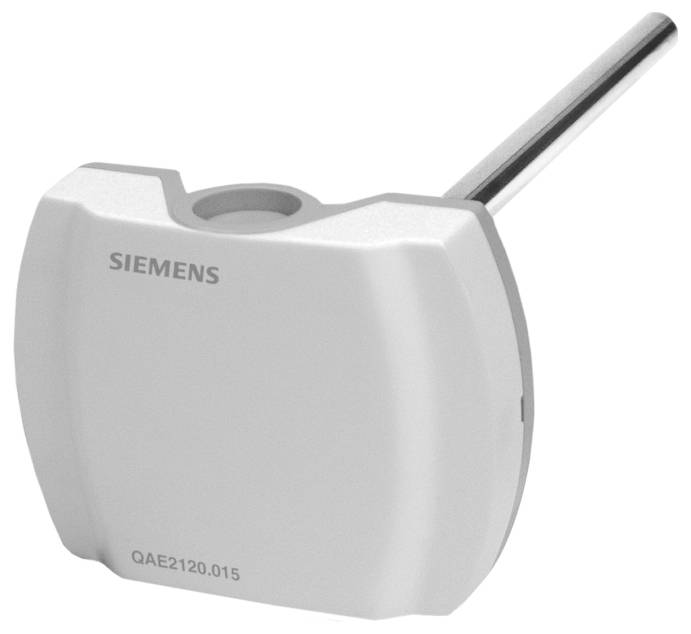 Weißes Siemens-Gerät mit einer Metallsonde, die sich von oben erstreckt, gekennzeichnet mit QAE2120.015, auf einfachem Hintergrund dargestellt.