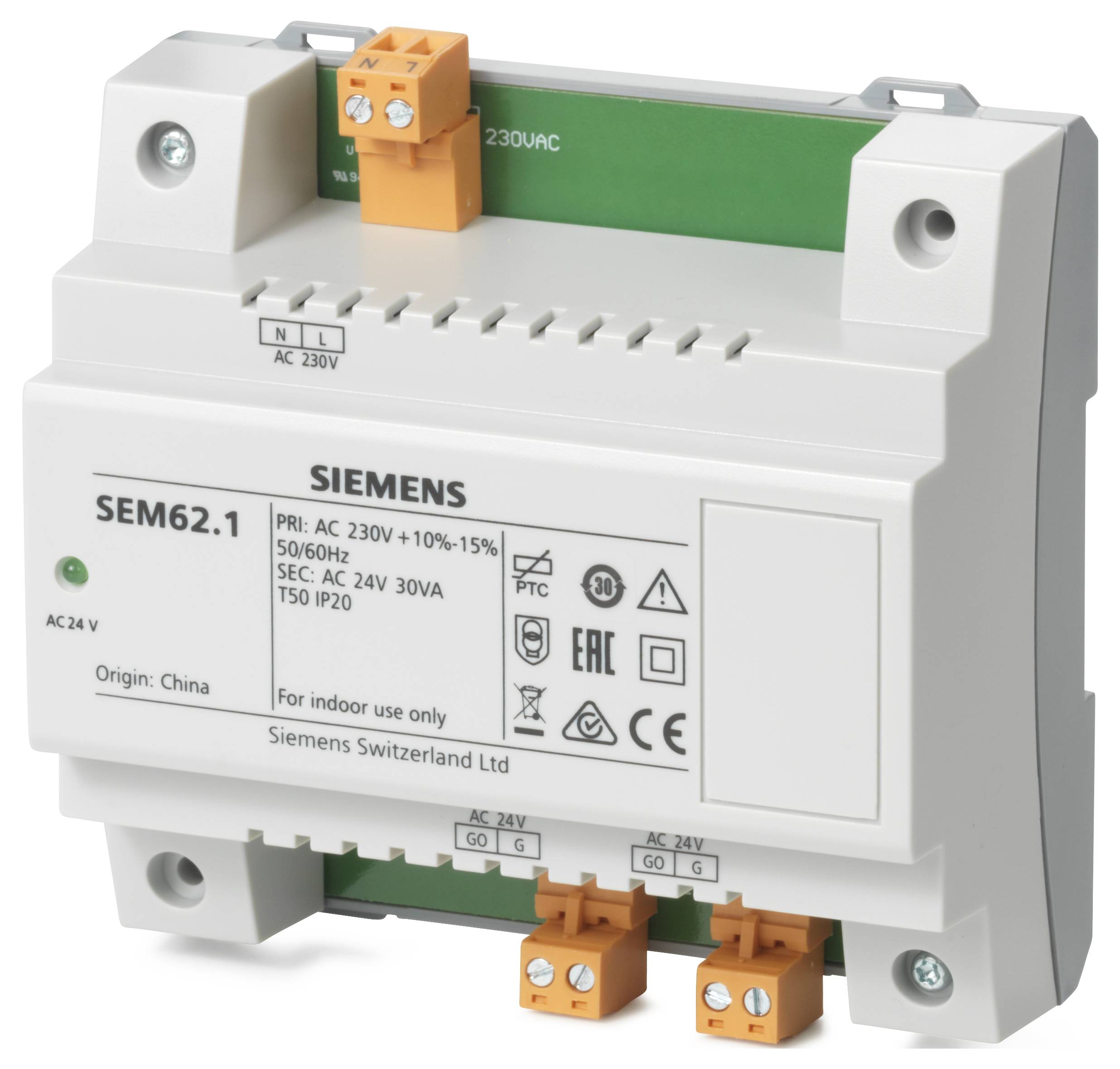 Siemens SEM62.1 Transformermodul AC 230V zu AC 24V 30VA mit Klemmleisten und Statusanzeige.