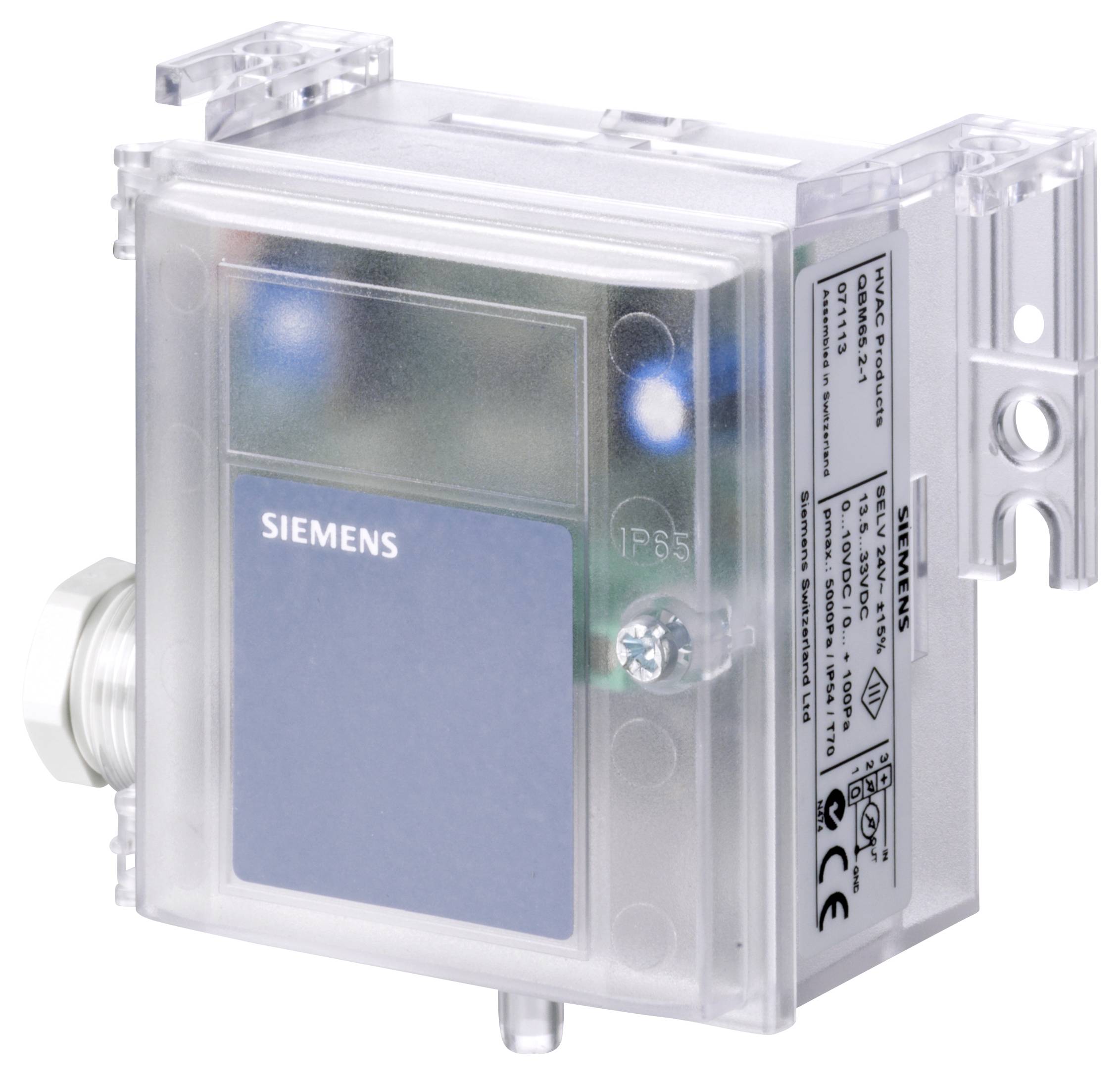 Ein Siemens Industriedrucksensor mit zwei Messingverschraubungen und einem schwarzen Elektrostecker oben.
