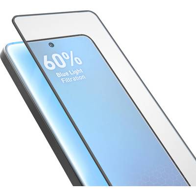 Nahaufnahme eines Smartphone-Displayschutzes mit der Bezeichnung „60% Blaulichtfilterung", die geschichtetes Glas und blauen Schutz zeigt.