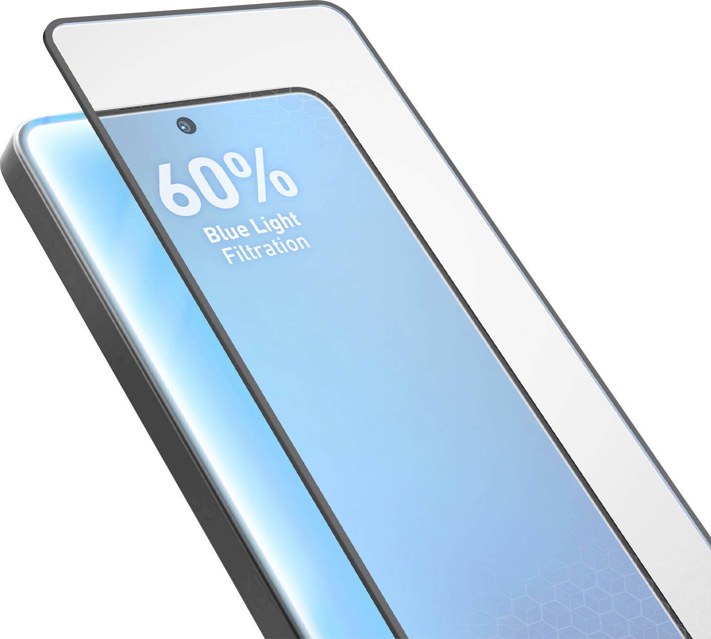 Smartphone-Displayschutz mit der Aufschrift „60% Blaulichfilterung" über einem Telefonbildschirm angezeigt