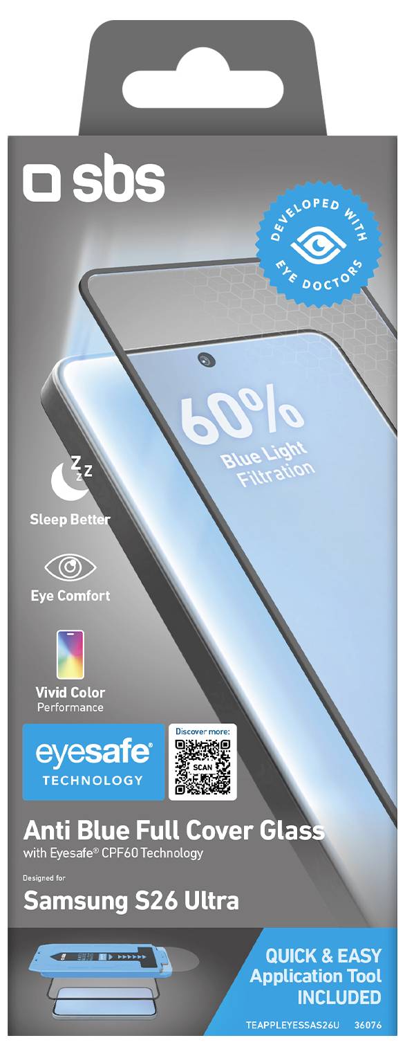 Verpackung für SBS Eyesafe Anti-Blaulicht-Schutzglas für Samsung S26 Ultra, mit 60% Blaulichtsperrung und enthaltenes Schnellanwendungswerkzeug.