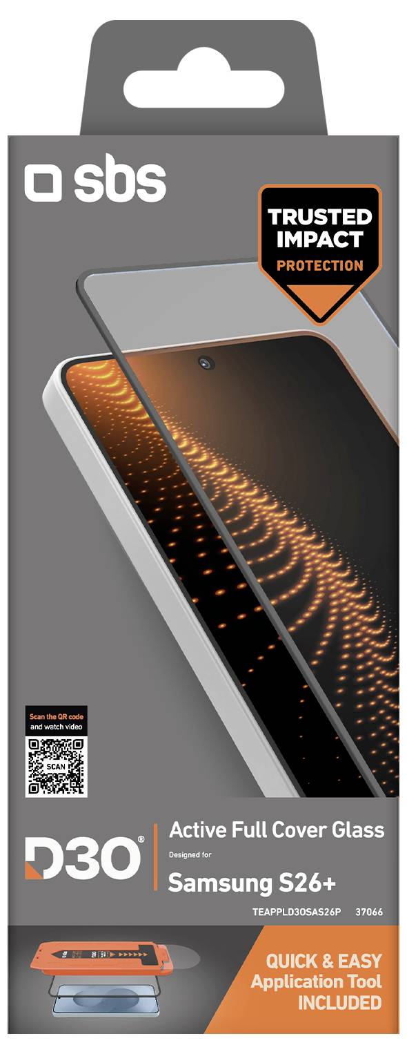 Verpackung für SBS D30 Active Vollschutz-Glasbildschirmschutz für Samsung S26+, mit Etiketten „Vertrauenswürdiger Aufprallschutz" und „Anwendungswerkzeug für schnelle und einfache Montage enthalten".