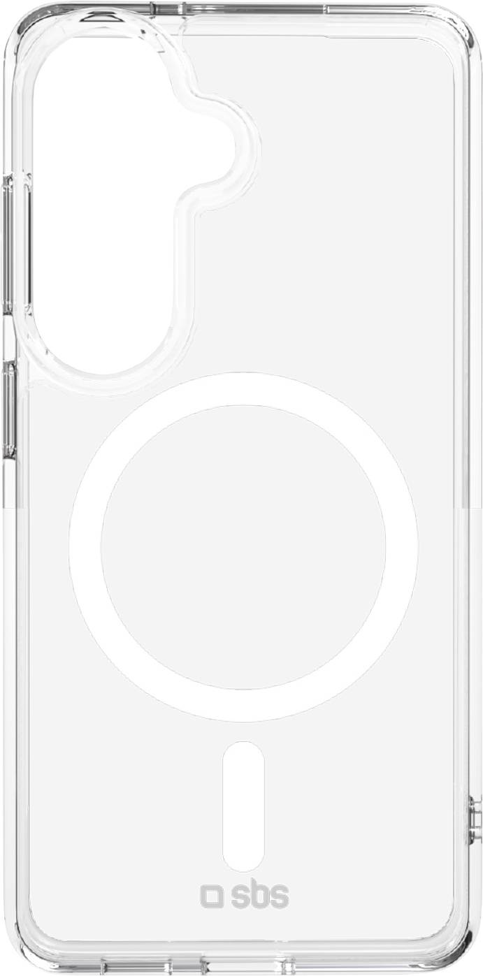 Durchsichtige klare Smartphone-Schutzhülle mit großem Kameraausschnitt und zentriertem MagSafe-ähnlichem Ring, mit der Marke "sbs" unten.