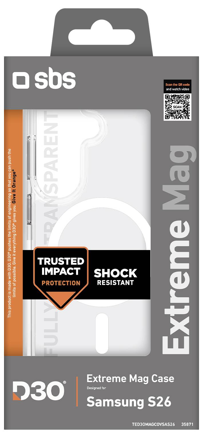 Verpackung für eine SBS Extreme Mag Case für Samsung S26, mit der Bezeichnung „Vertraute Stoßschutz" und „Schockresistent", mit einem klaren Fallbild und QR-Code.