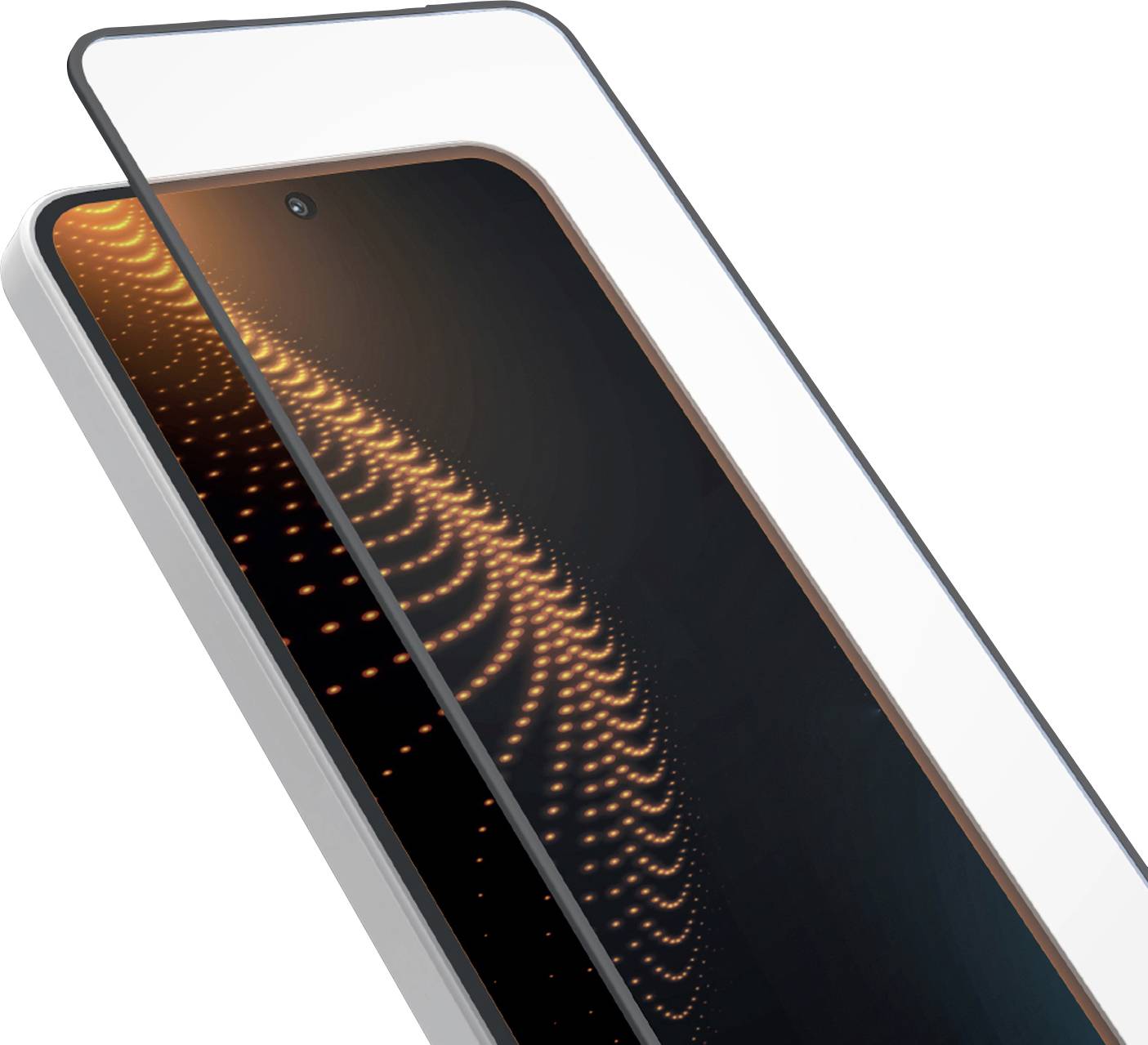 Nahaufnahme eines Smartphones mit transparenter Schutzfolie und sichtbarem schwarzorangem Display darunter.