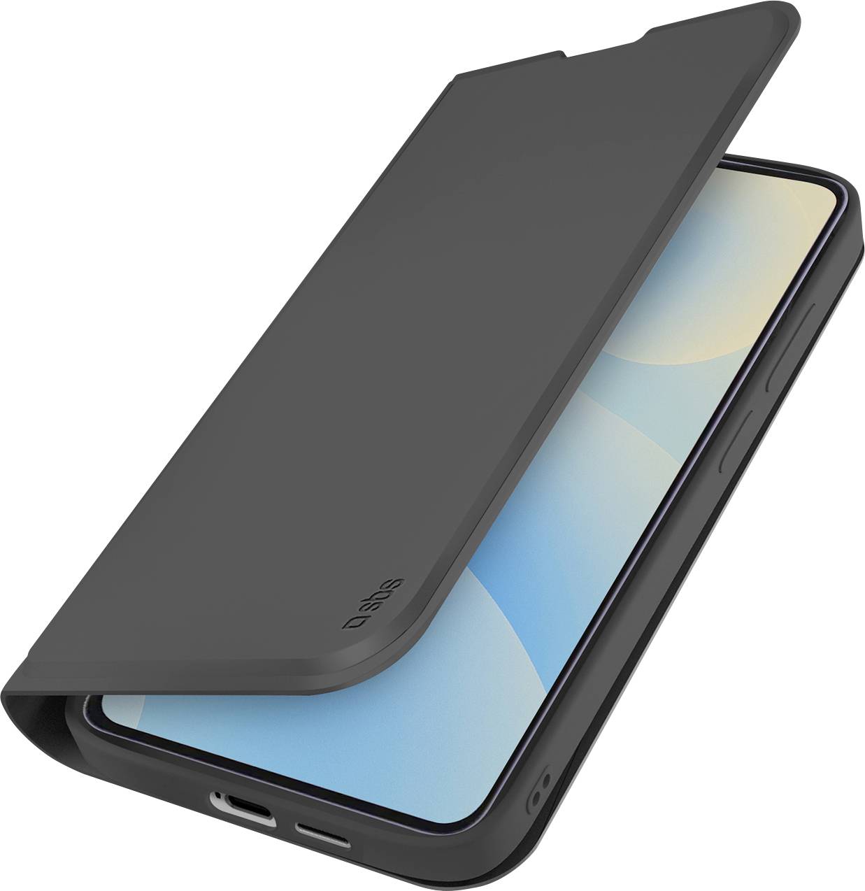 Schwarze Klappschutzhülle für Telefon, teilweise geöffnet über einem Smartphone, zeigt den Bildschirm und den Ladeanschluss.