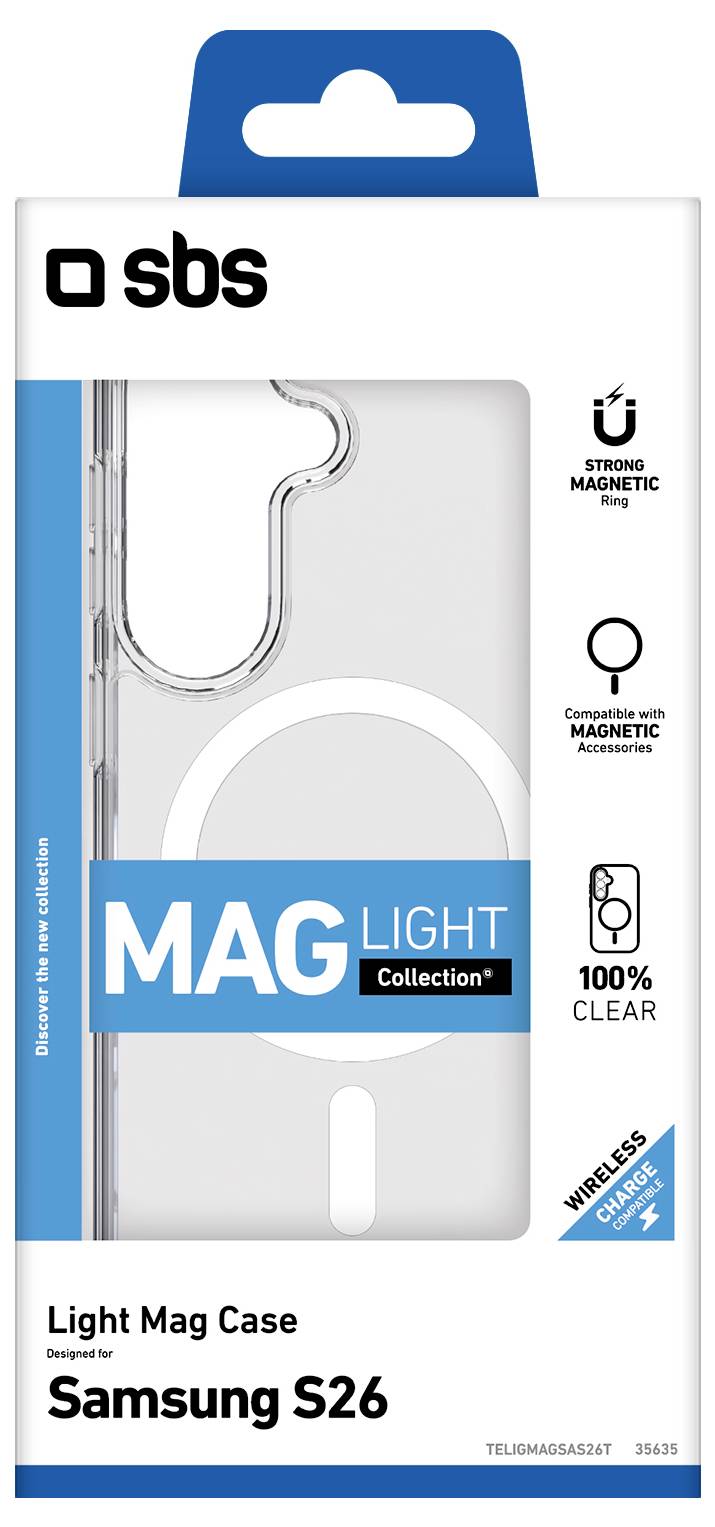 Produktverpackung für ein "Light Mag Case" für Samsung S26, mit einer transparenten magnetischen Handyhülle und "100% klar" Kennzeichnung.