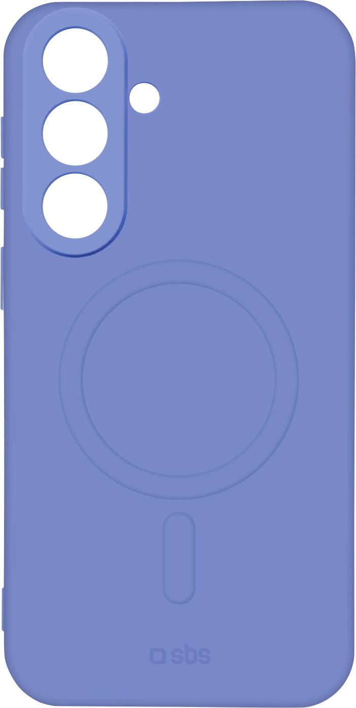 Blaue Smartphone-Hülle mit drei Aussparungen für die rückseitige Kamera und einem kreisförmigen MagSafe-ähnlichen Ring in der Mitte der Rückseite.