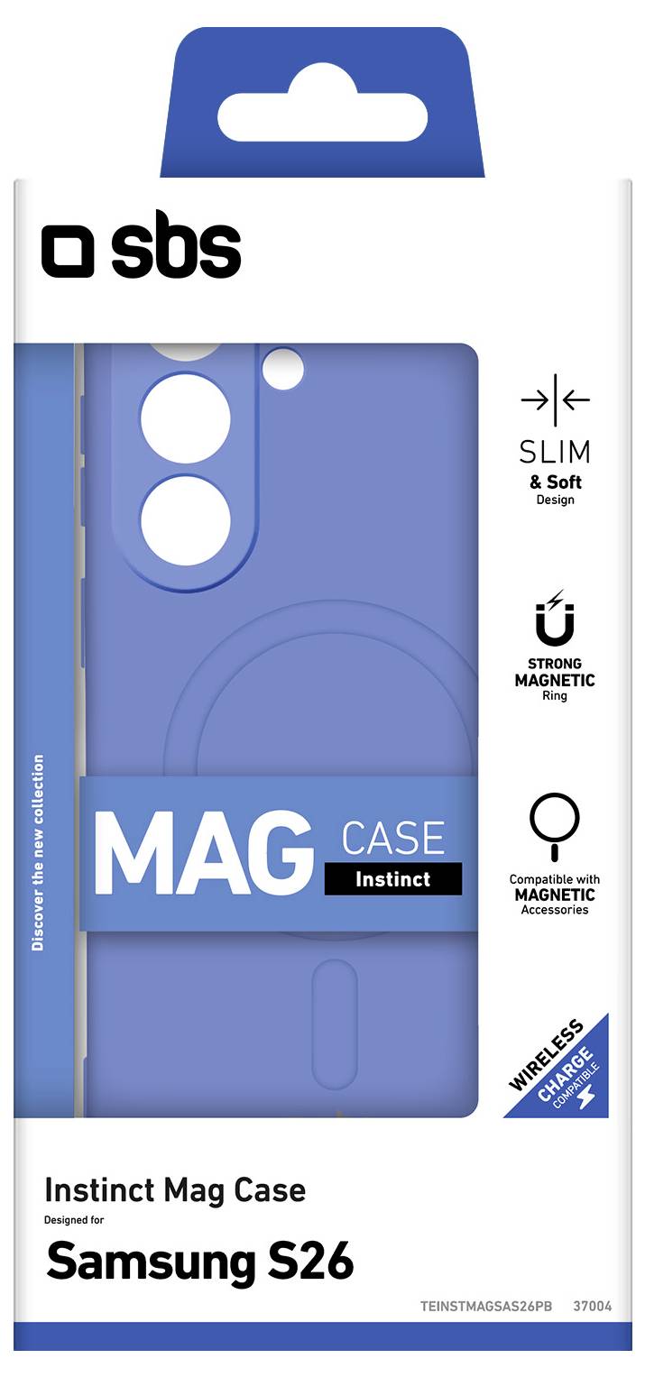 Verpackung für ein SBS Instinct Mag Case für Samsung S26, zeigt ein blaues magnetisches Handyhülle mit „SLIM & Soft Design", starkem Magnetring und drahtlosem Ladesymbolen.