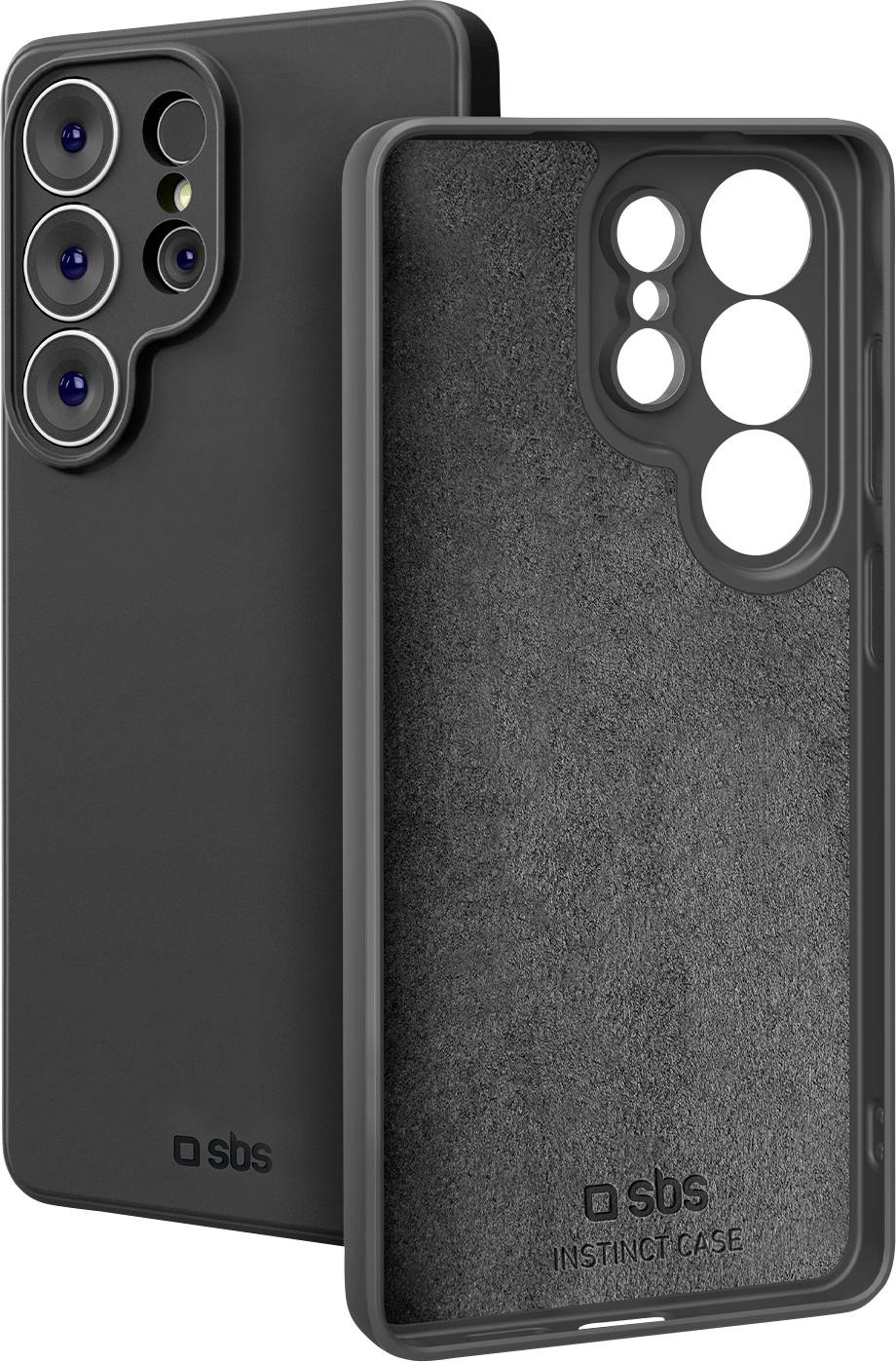 Zwei schwarze SBS-Smartphone-Hüllen, Vorder- und Rückseite gezeigt, mit erhöhten Kameraausschnitten und strukturierter Innenfütterung.