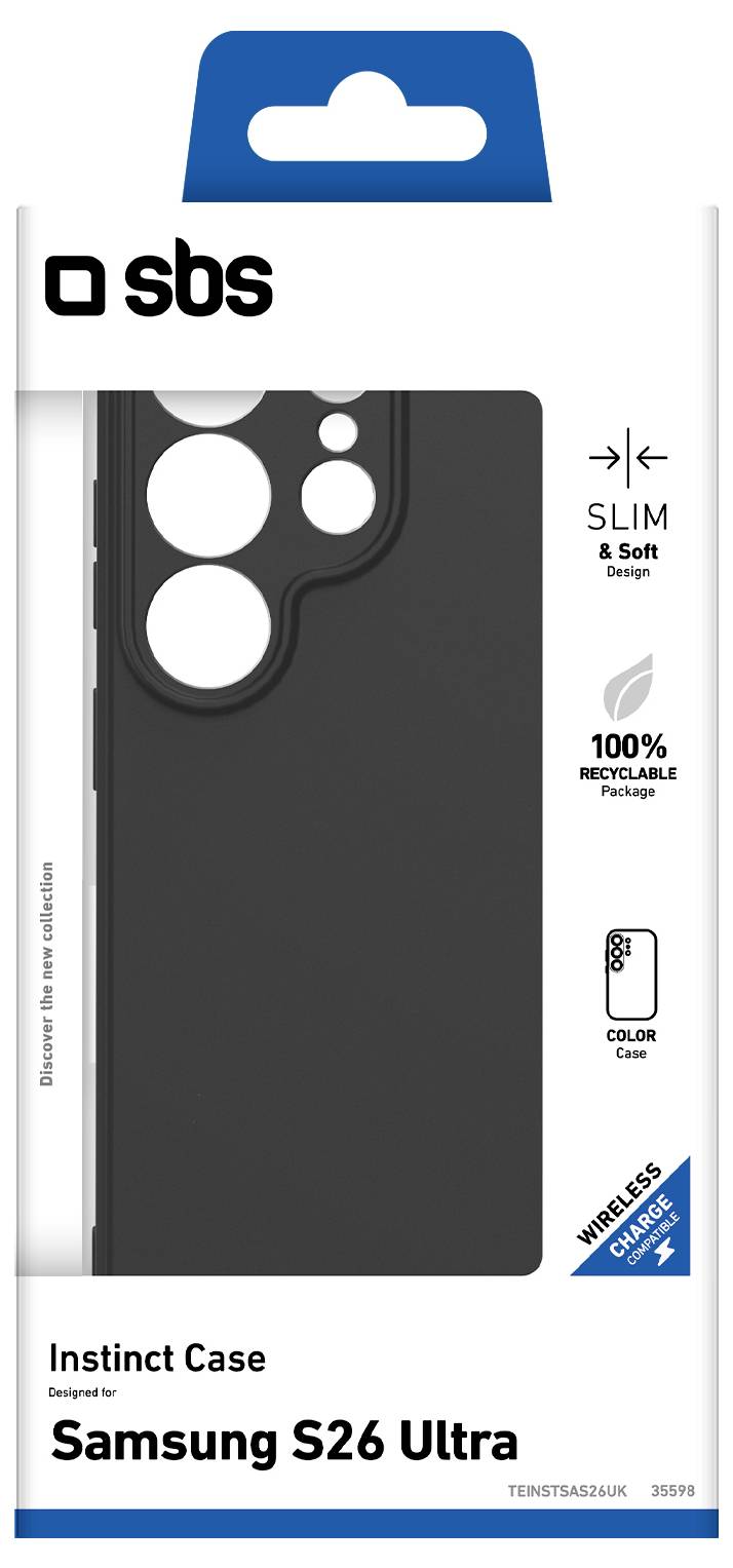 Verpackung für ein SBS Instinct Case für Samsung S26 Ultra, das ein schlankes, weiches schwarzes Handyhülle mit Wireless-Charging-Kompatibilität und 100% recycelbarer Verpackungskennzeichnung zeigt.